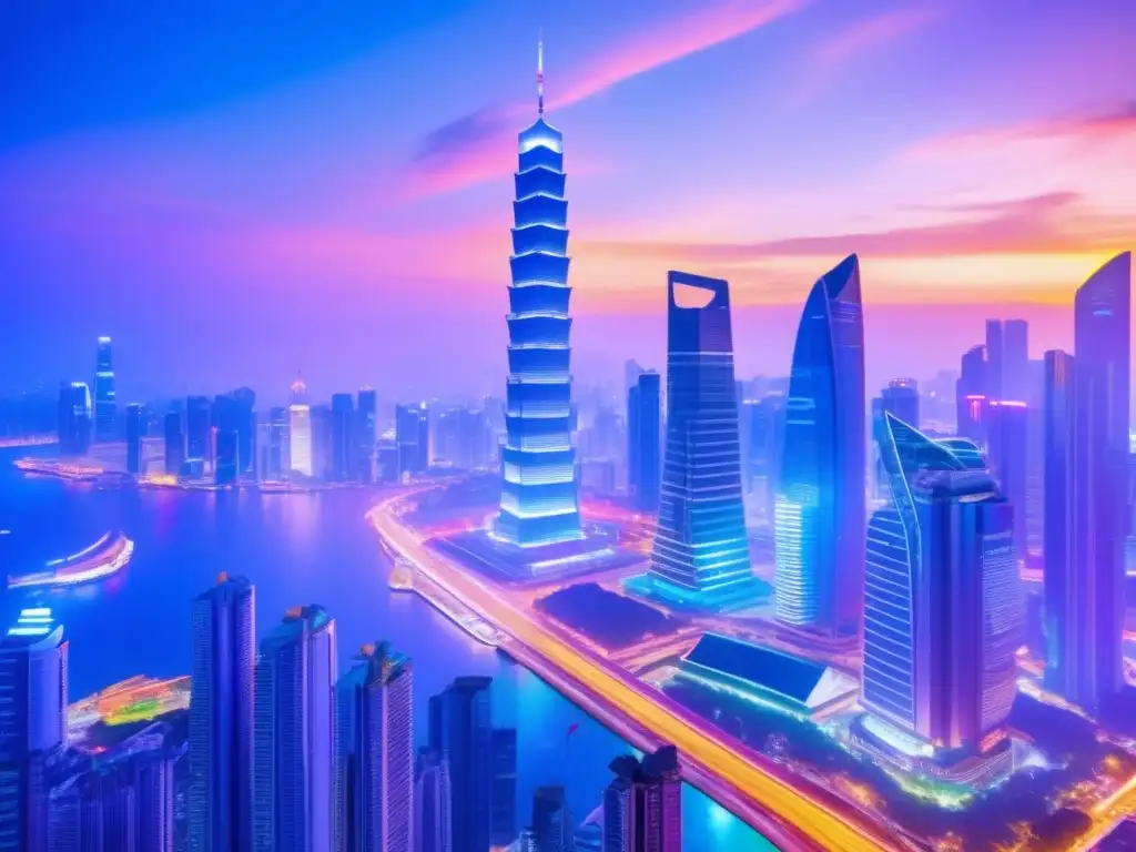 Ciudad futurista en Asia: crecimiento económico y tecnológico Opciones de inversión de dividendos en Asia: Futurista ciudad asiática con rascacielos iluminados y profesionales discutiendo
