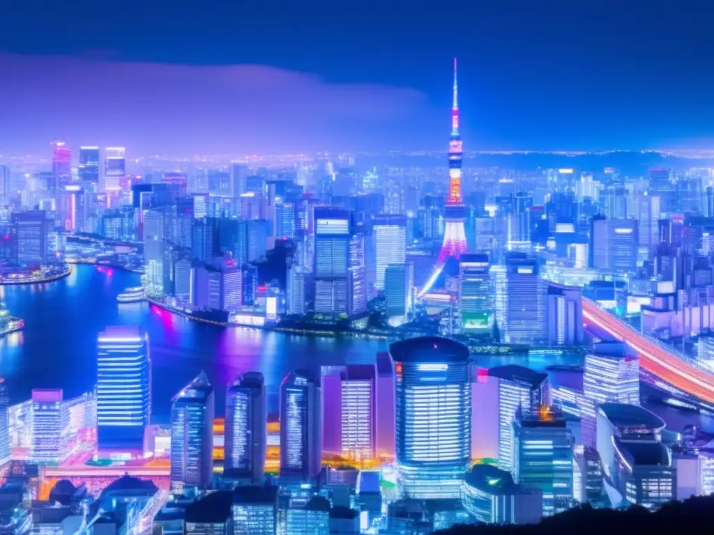Tokyo nocturno: Futurista y vibrante Opciones de inversión de dividendos en Asia: Skyline futurista de Tokio, Japón, con vibrantes luces de neón y arquitectura moderna