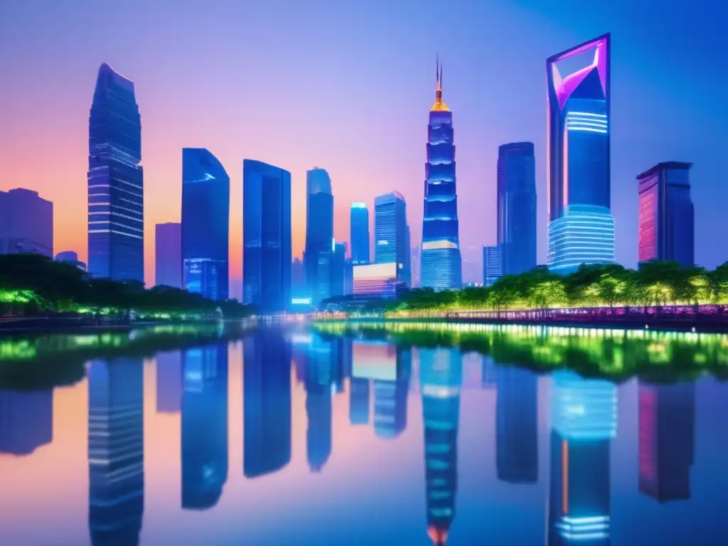 Ciudad asiática vibrante con rascacielos y luces de neón Opciones de inversión de dividendos en Asia: ciudad asiática vibrante con rascacielos, luces de neón y reflejo en el río