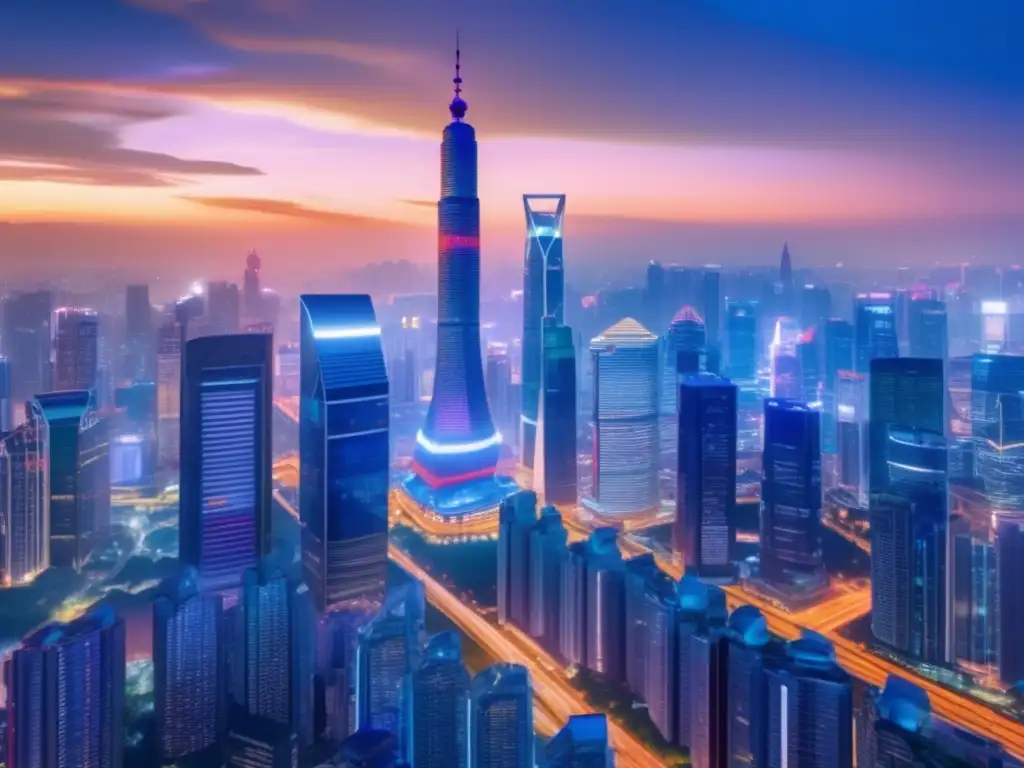 Oportunidades de inversión en Asia Opciones de inversión de dividendos en Asia: Vista panorámica nocturna de una ciudad futurista con rascacielos iluminados y profesionales en discusión