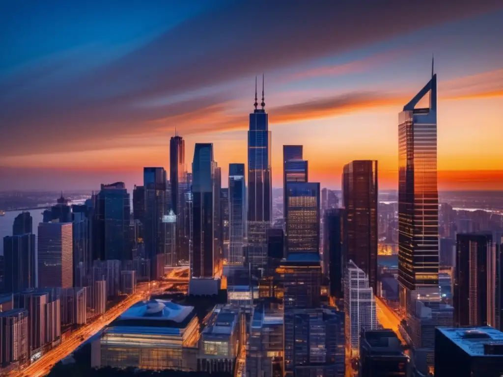 Skyline de ciudad moderna con atardecer vibrante Oportunidad: Invertir en bienes raíces con poco dinero en una ciudad moderna y próspera al atardecer
