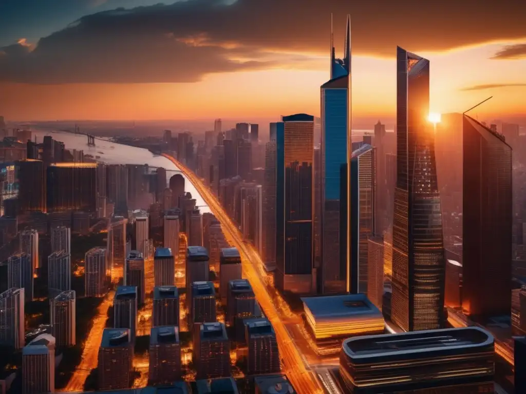 Ciudad moderna al atardecer: símbolo de prosperidad y oportunidad Oportunidad financiera: Cityscape 8k ultradetallado con inversiones pasivas REITs