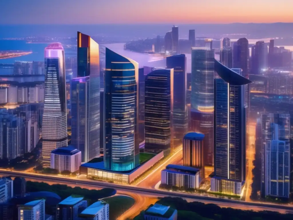 Ciudad moderna al anochecer, con rascacielos iluminados y ambiente vibrante Oportunidad inmobiliaria: Ciudad moderna con estrategias de inversión a largo plazo