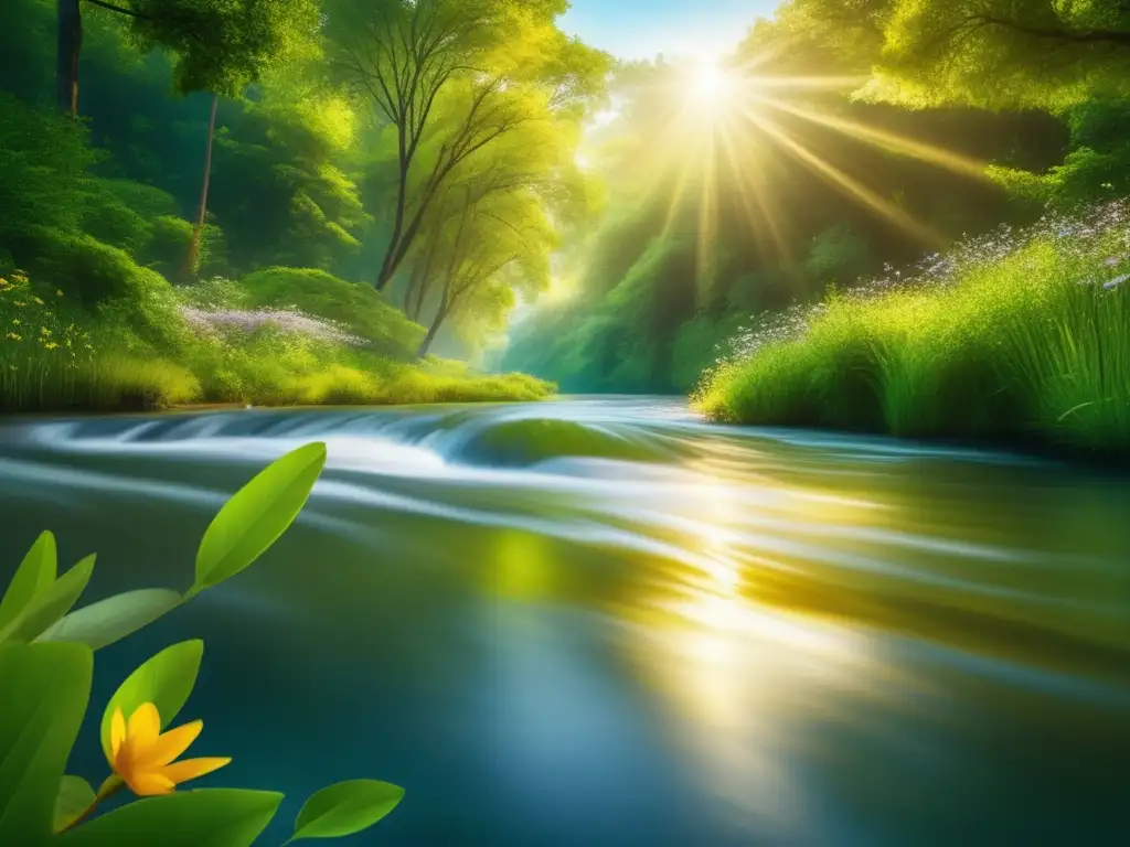 Río sereno y exuberante en un bosque vibrante Oportunidad de inversión en agua: belleza y vitalidad de este recurso preciado