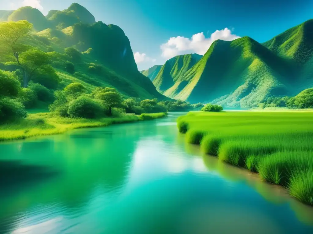 Paisaje verde con río cristalino Oportunidad inversión agua crisis hídrica: Imagen impactante 8k de paisaje verde con río cristalino, reflejando la importancia del agua y su belleza
