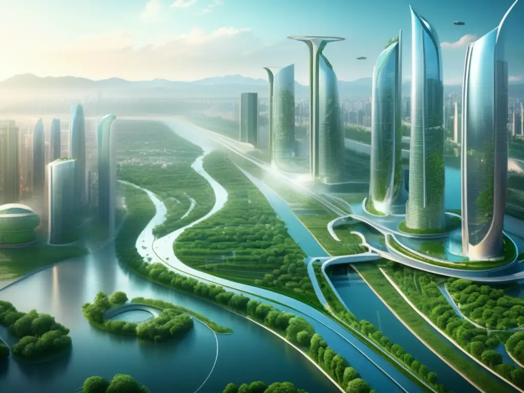Ciudad futurista con agua sostenible Oportunidad inversión agua: ciudad futurista, ecoamigable y sostenible, con sistemas innovadores de recolección y purificación de agua