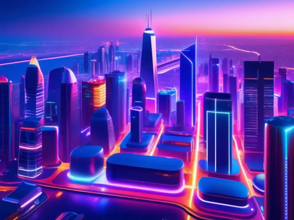 Metrópolis futurista nocturna con rascacielos brillantes Oportunidad de inversión: Metrópolis futurista con tecnología de vanguardia
