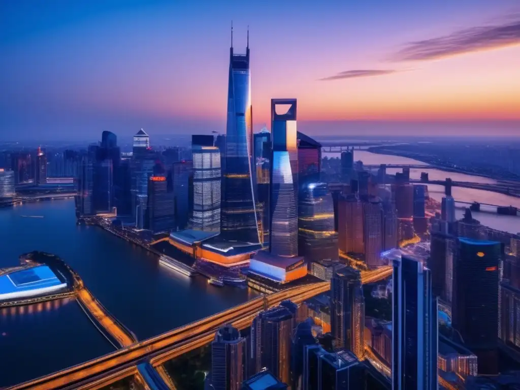 Ciudad moderna con rascacielos y luces vibrantes Oportunidad de inversión: Moderna ciudad al atardecer con arquitectura impresionante y vibrante iluminación