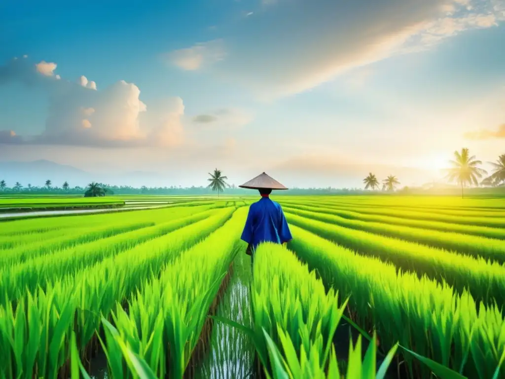 Exuberante campo de arroz dorado Oportunidad en inversiones de arroz: campo de arroz verde exuberante, cosecha abundante, demanda global creciente
