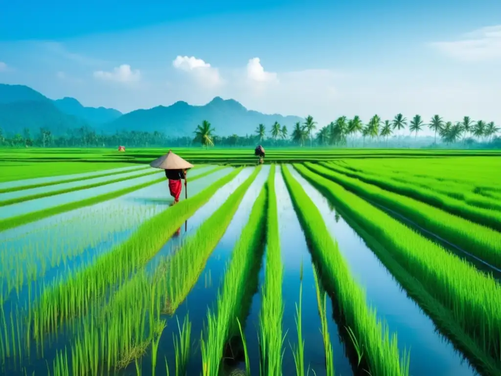 Hermoso campo de arroz muestra la agricultura lucrativa Oportunidad de inversiones en arroz con experto agricultor en campo verde