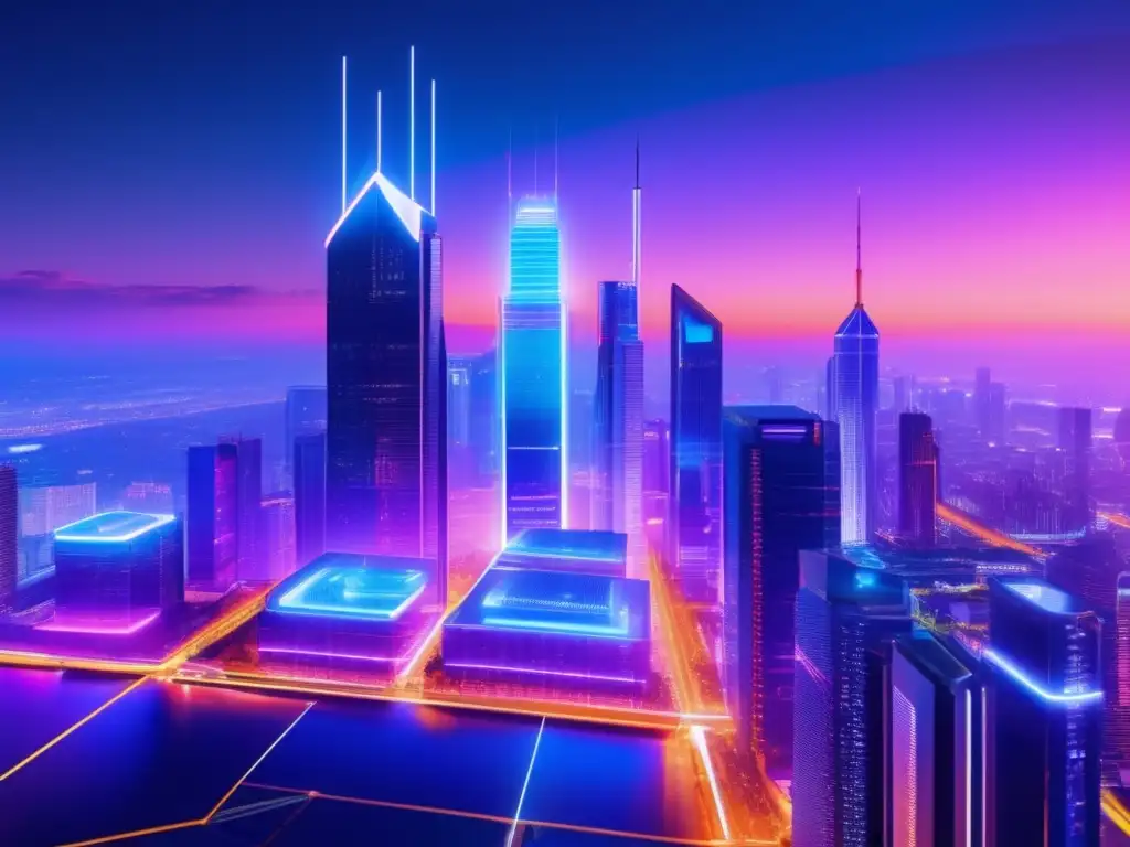 Futuro financiero: Aave y DeFi Oportunidades DeFi Aave: Ciudad futurista, rascacielos iluminados por luces neón, integración bancaria y financiera descentralizada