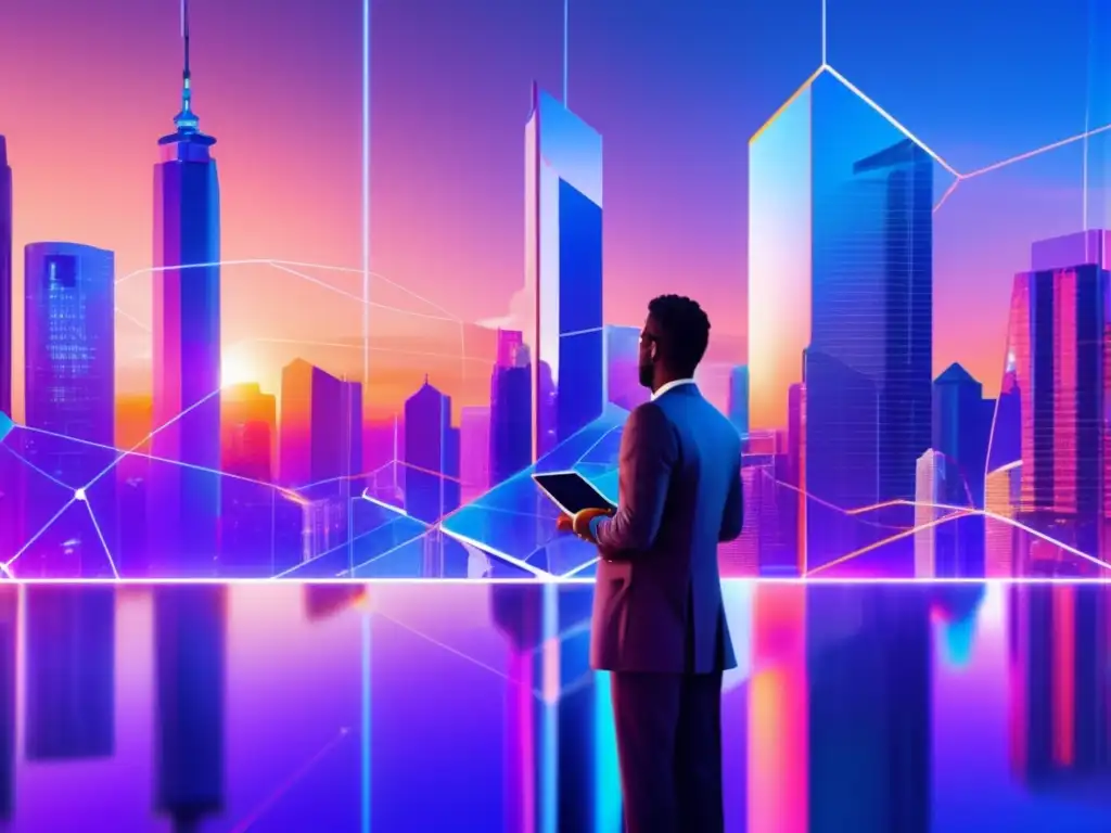Innovación en la ciudad futurista Oportunidades DeFi Aave en una ciudad futurista con rascacielos de vidrio translúcido y una red de blockchain interconectada