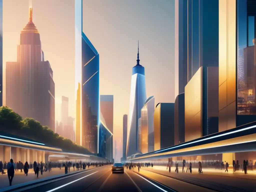 Futurista ciudad con rascacielos brillantes y modernos Oportunidades DeFi Aave en una ciudad futurista con rascacielos de vidrio y acero