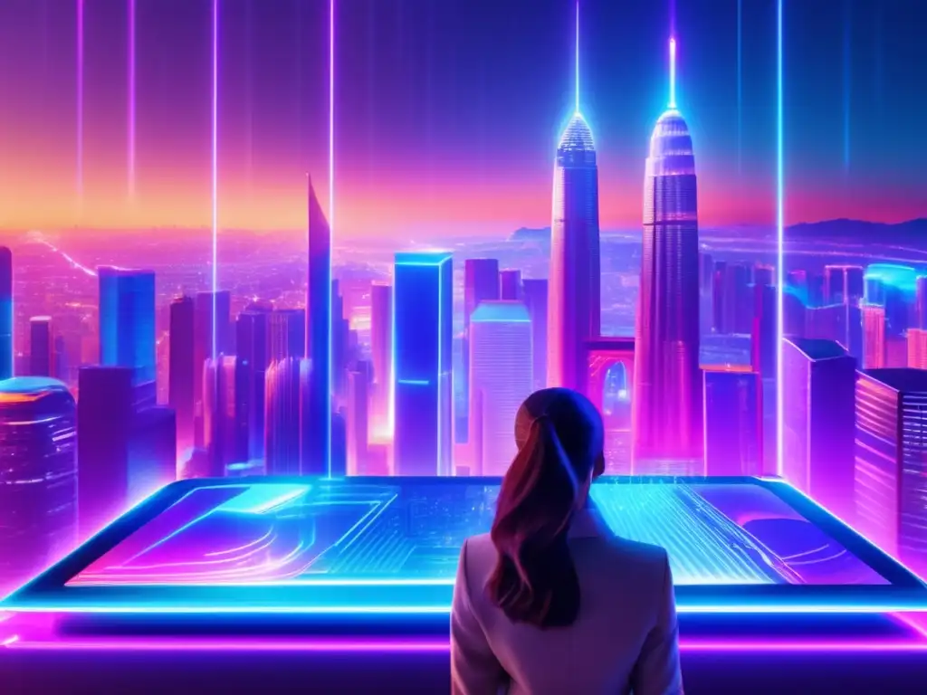 Futuro financiero con Aave: Ciudad futurista y criptografía Oportunidades DeFi Aave: Futurista ciudad con rascacielos de vidrio y acero, luces neón y una persona interactuando con una interfaz holográfica