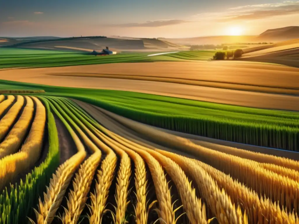 Paisaje agrícola moderno: campo de trigo dorado Oportunidades en acciones agrícolas: paisaje moderno con campo de trigo dorado, sistema de riego y invernadero avanzado