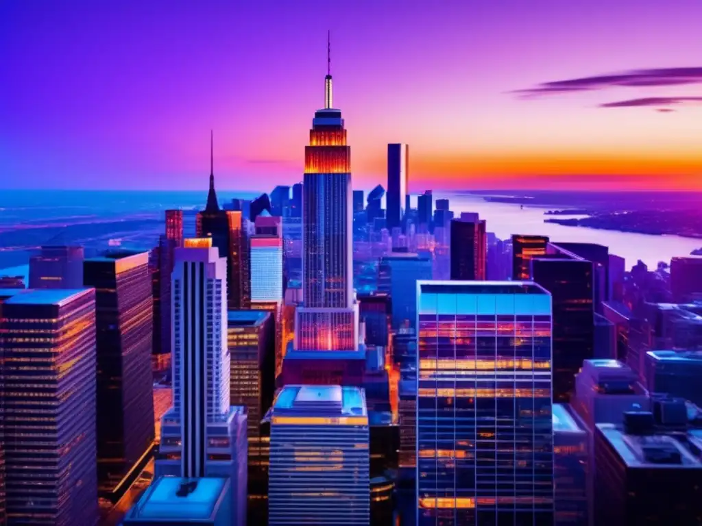 Distrito financiero al atardecer Oportunidades acciones sector financiero en vibrante skyline al atardecer