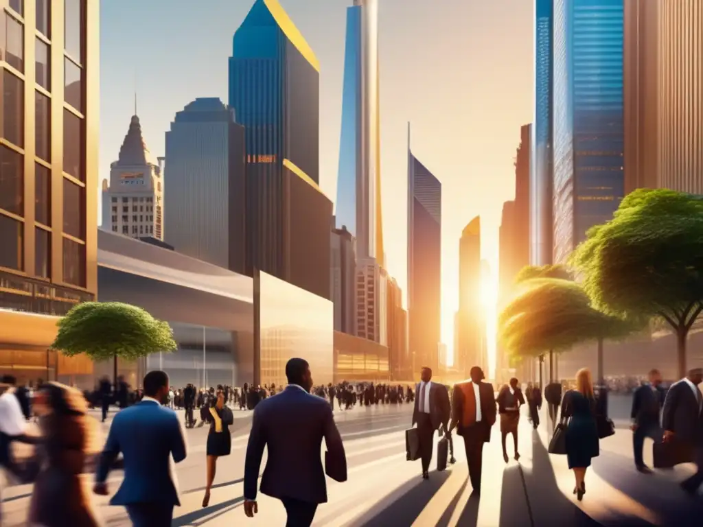 Finanzas en una ciudad vibrante Oportunidades acciones sector financiero en distrito financiero con rascacielos y personas en trajes empresariales