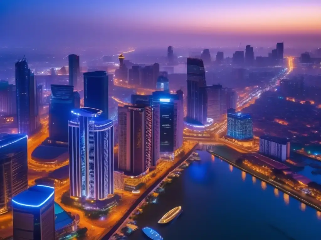 Oportunidades de inversión en África Oportunidades de inversión en África: Ciudad africana vibrante al atardecer, con rascacielos, agua brillante y profesionales conectados