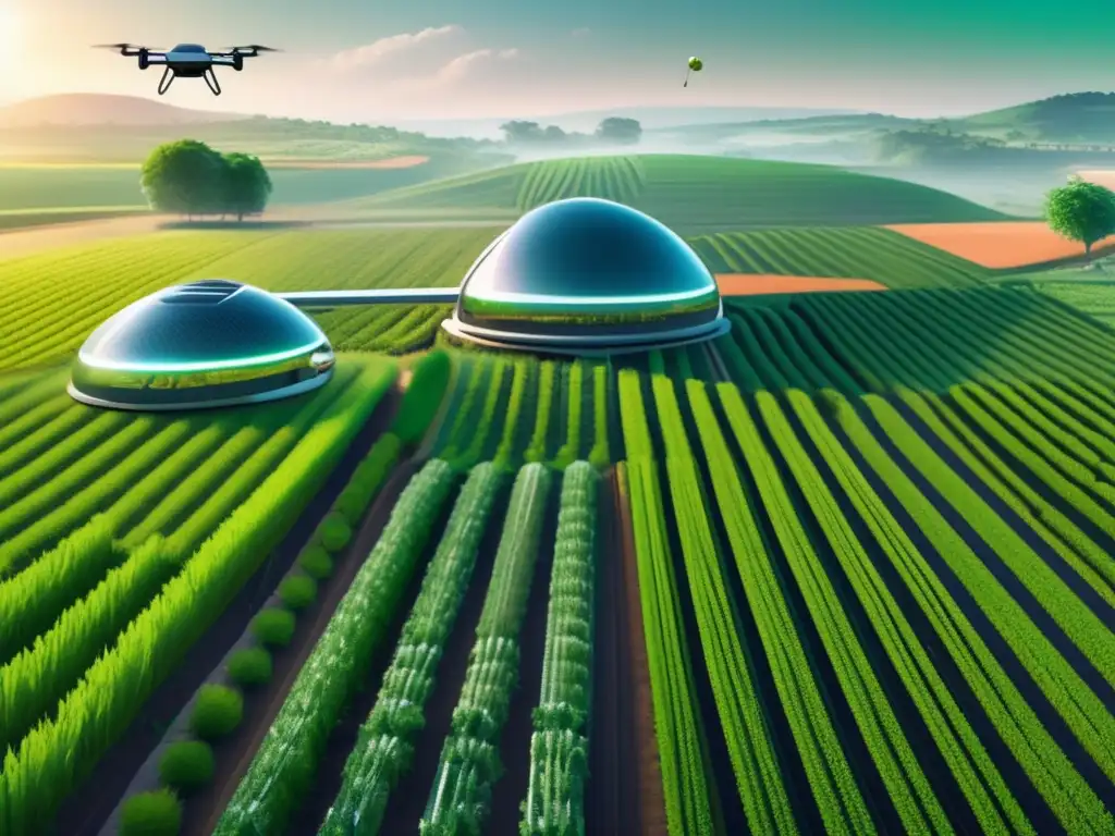 Agricultura futurista en mercado emergente Oportunidades inversión agricultura mercados emergentes: paisaje agrícola futurista con tecnología avanzada y colaboración entre agricultores