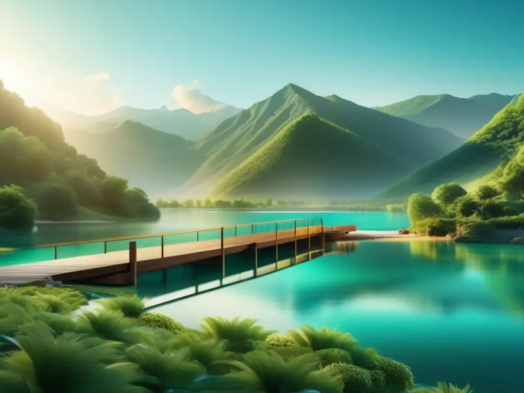Inversión en agua: Naturaleza y tecnología Oportunidades de inversión en agua: un impresionante paisaje de montañas verdes rodeando un lago turquesa cristalino, bajo la luz dorada del sol