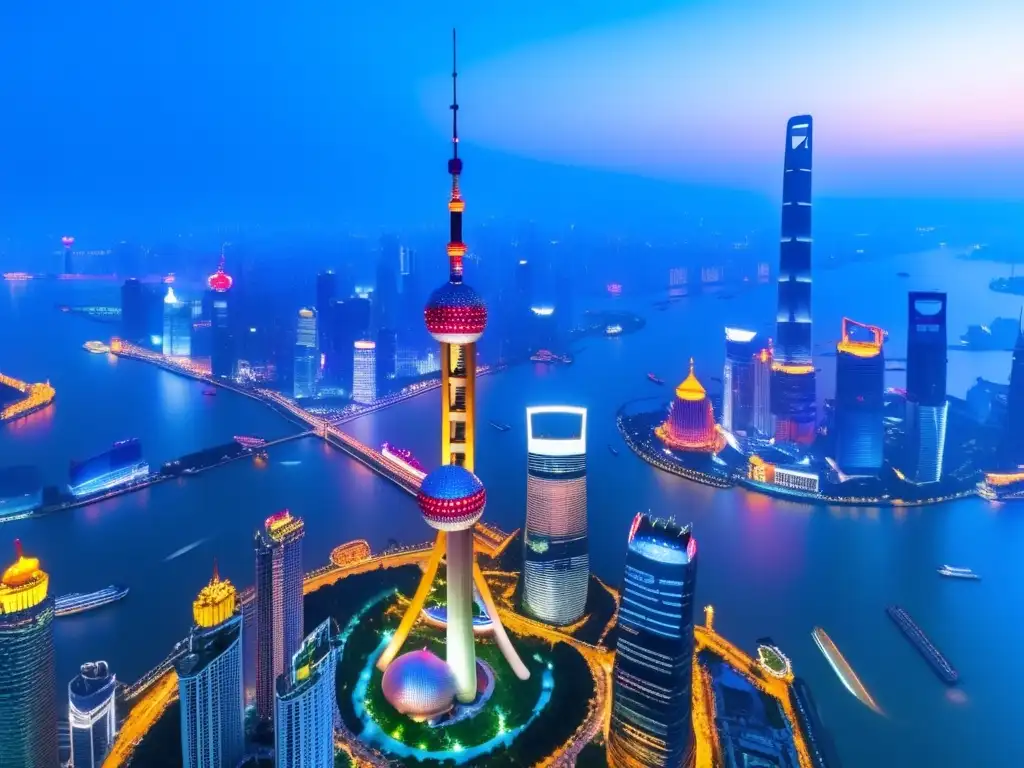 Oportunidades inversión AsiaPacífico: vista aérea Shanghai con rascacielos futuristas, Torre Perla Oriental y río Huangpu