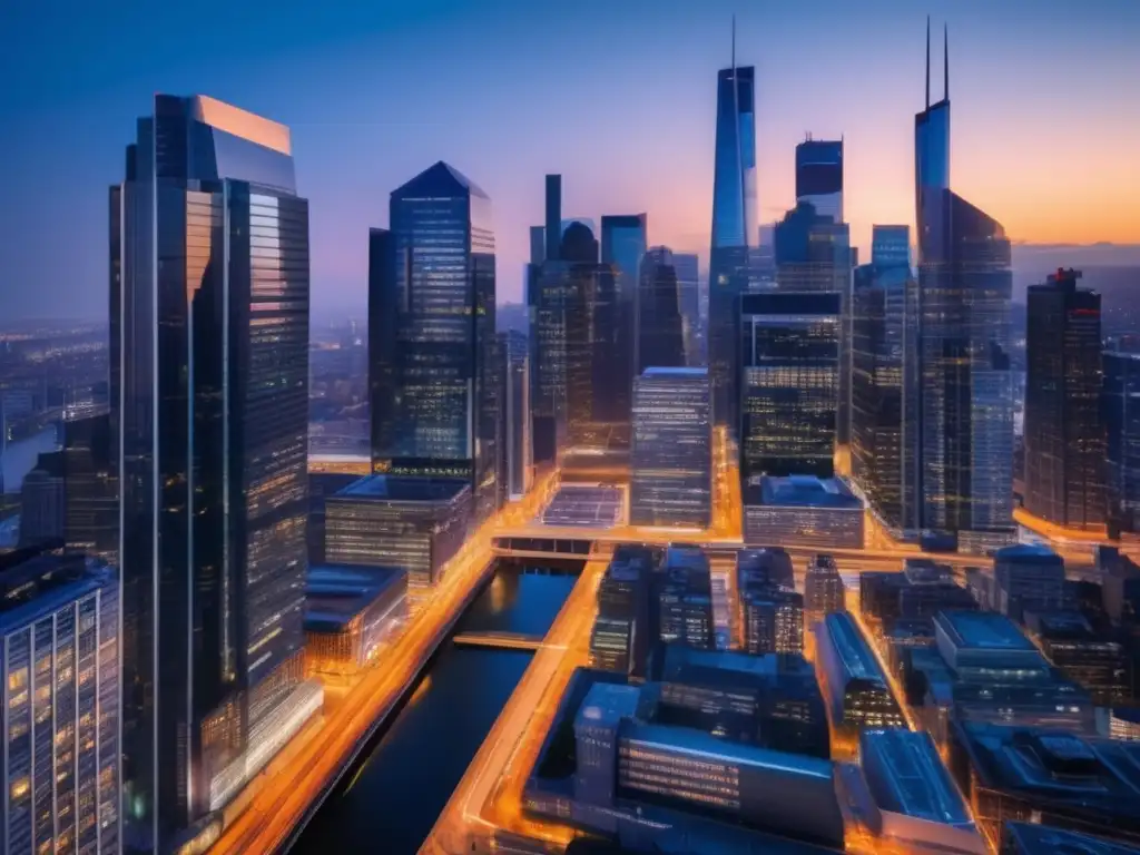 Ciudad moderna y vibrante al anochecer Oportunidades en bienes raíces: Estrategias de inversión inmobiliaria rentable