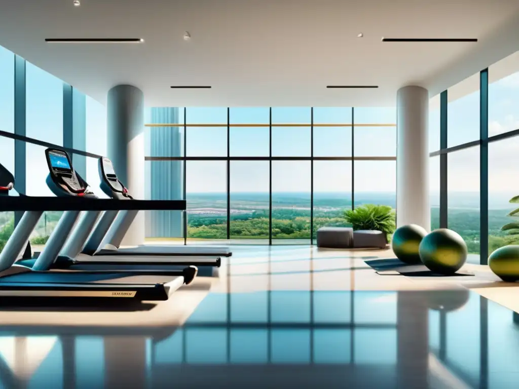 Moderno gimnasio con vistas naturales Oportunidades en bienestar y fitness: gimnasio moderno con vista panorámica y energía de personas comprometidas