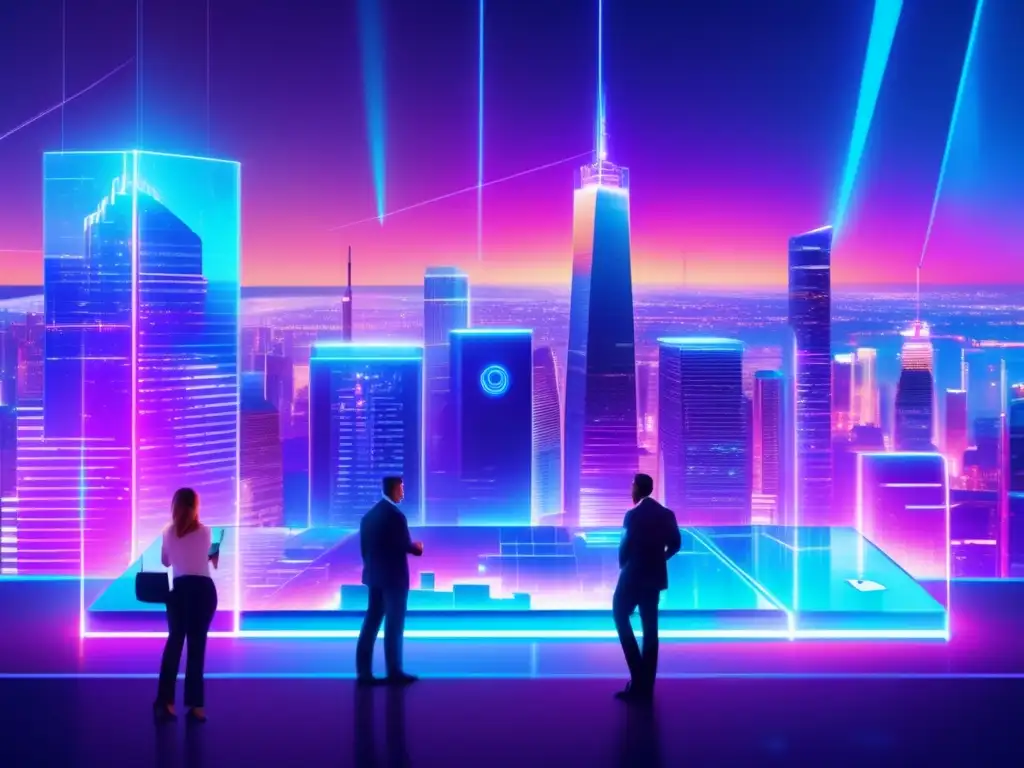 Futurista ciudad con rascacielos de cristal y acero Oportunidades en blockchain: Futurista ciudad 8k con rascacielos de vidrio y acero, luces neón, profesionales y tecnología de inversión