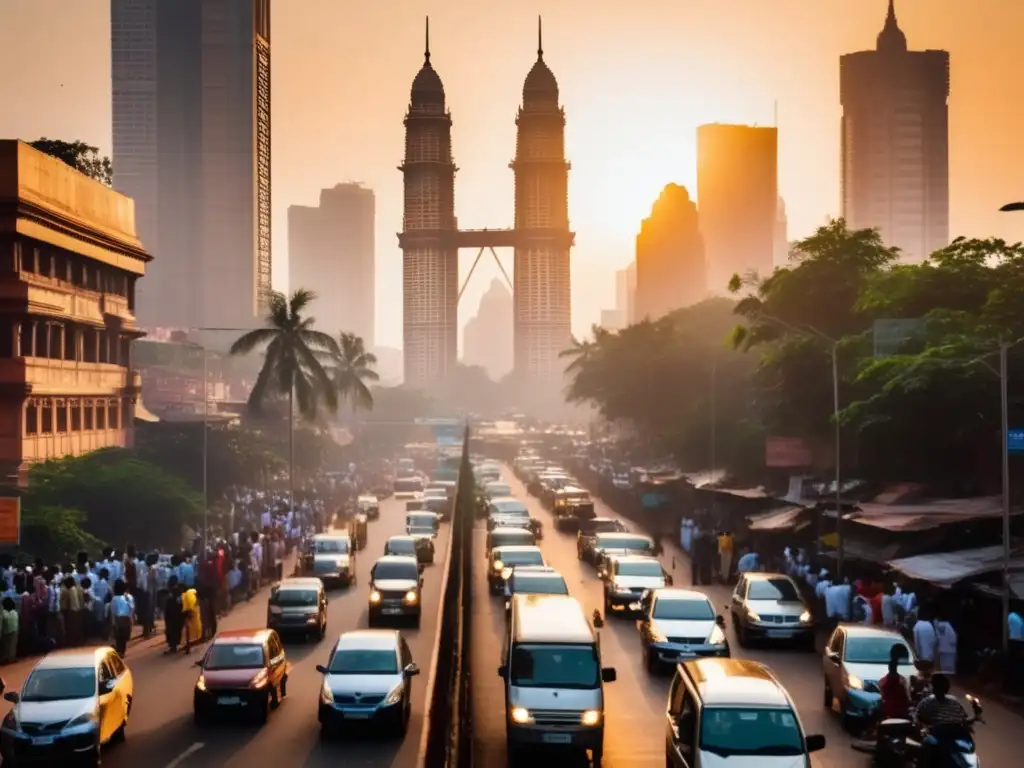 Ajetreo y energía en las calles de Mumbai al atardecer Oportunidades en la bolsa de valores de India: atardecer en Mumbai con rascacielos y multitud de personas