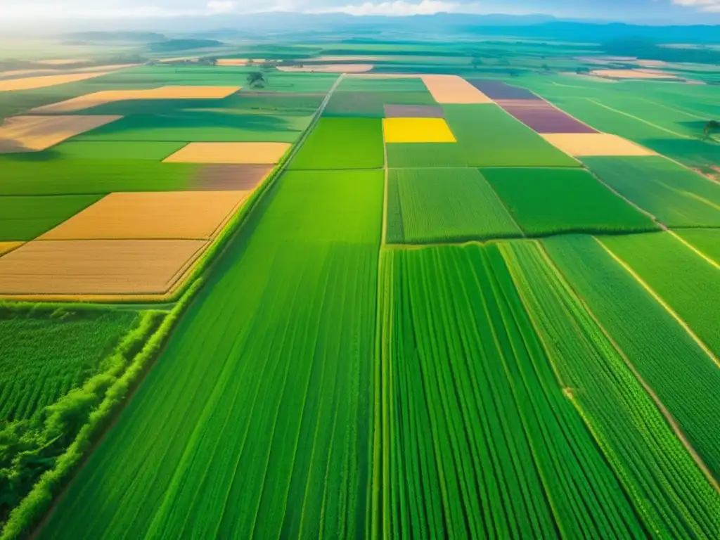 Campo agrícola fértil en Latinoamérica Oportunidades de inversión agrícola en Latinoamérica: campo verde exuberante, cultivos vibrantes y sistema de riego moderno