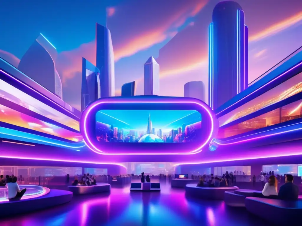 Futuro entretenimiento 8k con tecnología blockchain Oportunidades inversión blockchain entretenimiento en un centro futurista con hologramas, realidad virtual y tecnología de vanguardia