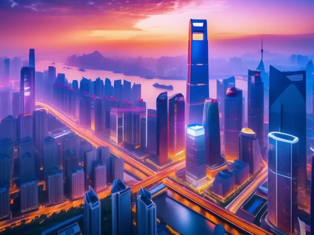 Distrito financiero chino en pleno auge Oportunidades de inversión en China durante el vibrante atardecer en el bullicioso distrito financiero