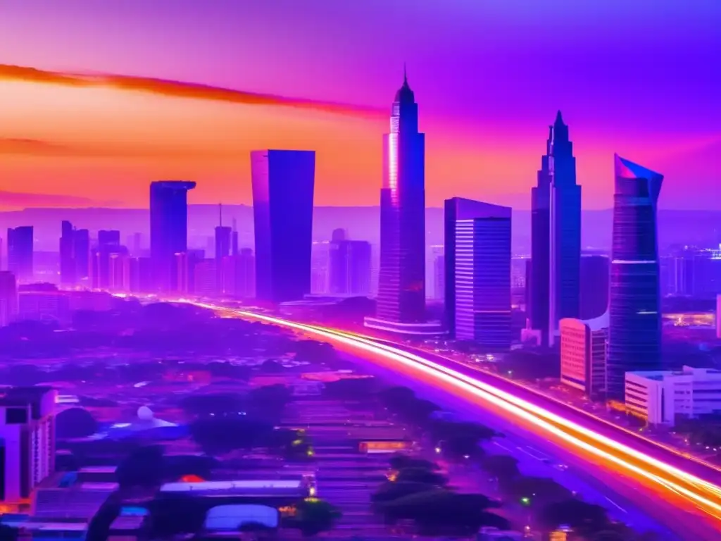 Ciudad africana moderna: progreso y oportunidades Oportunidades de inversión en África: Una ciudad africana vibrante al atardecer, con rascacielos modernos destacando en un cielo anaranjado y morado