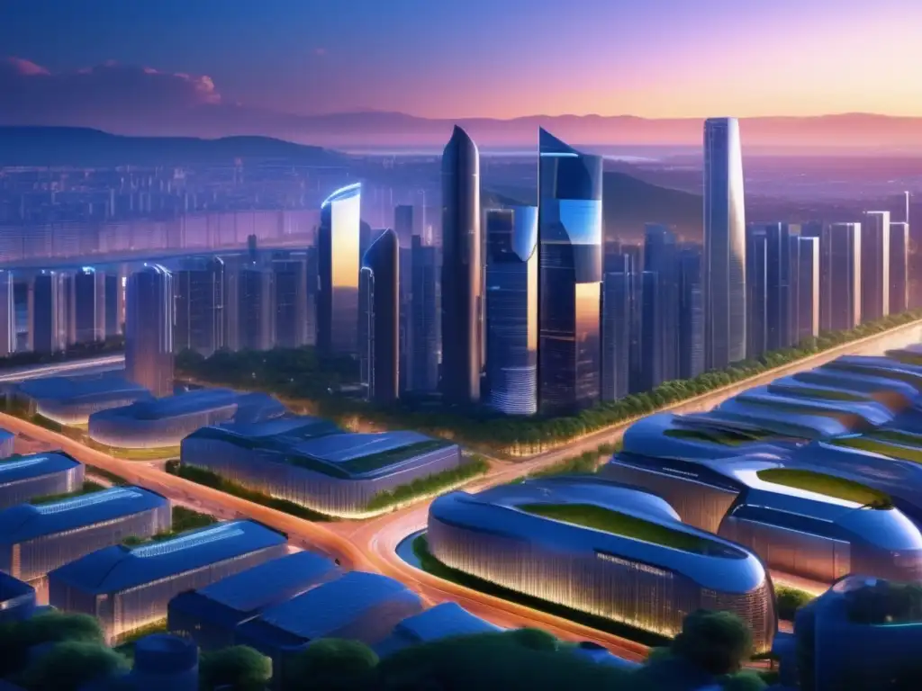 Futuroso paisaje urbano europeo al atardecer Oportunidades de inversión en educación y formación en Europa: una ciudad futurista con arquitectura moderna y naturaleza en harmonía