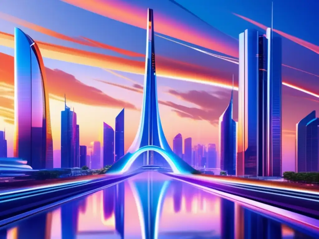 Futurista ciudad con rascacielos y profesionales Oportunidades crowdlending en una ciudad futurista de negocios