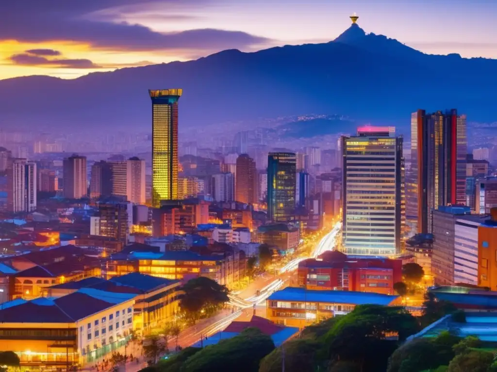 Skyline moderno de Bogotá al atardecer Oportunidades de inversión en Bogotá, Colombia, una ciudad moderna y vibrante con un impresionante skyline al atardecer