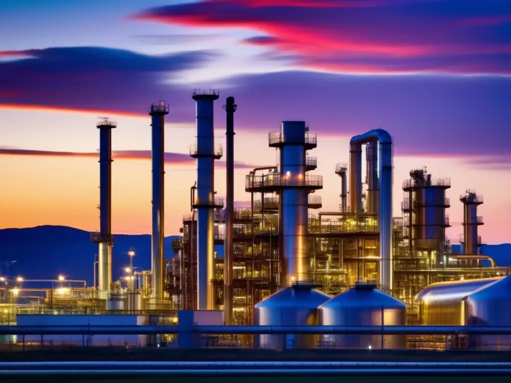 Refinería moderna en atardecer Oportunidades de inversión en refinación: Complejo de refinería de petróleo al atardecer, con estructuras metálicas y fachadas de vidrio relucientes en la luz dorada