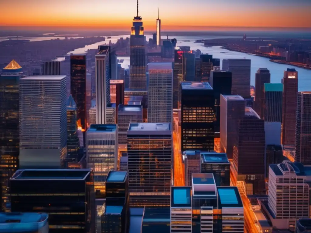 Moderna ciudad al atardecer, con rascacielos y ajetreo Oportunidades de inversión a corto plazo en vibrante ciudad financiera al atardecer