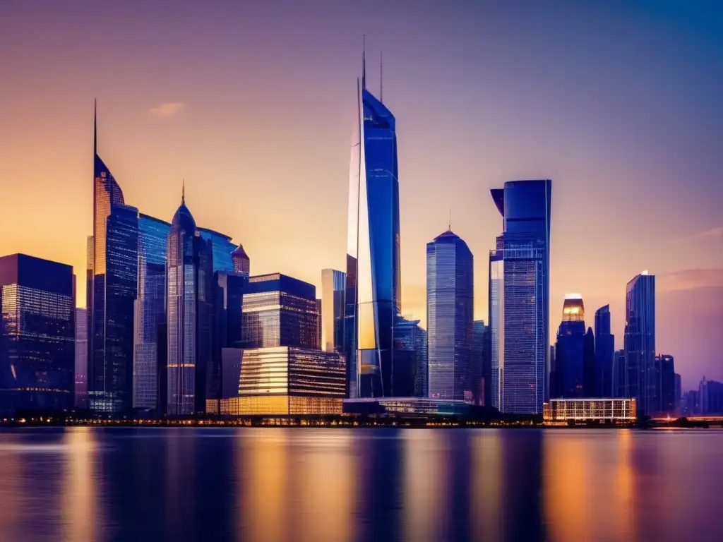 Ciudad moderna al atardecer, reflejando el mundo financiero Oportunidades en inversión criptomonedas: ciudad futurista reflejando el atardecer dorado, simbolizando el mundo financiero