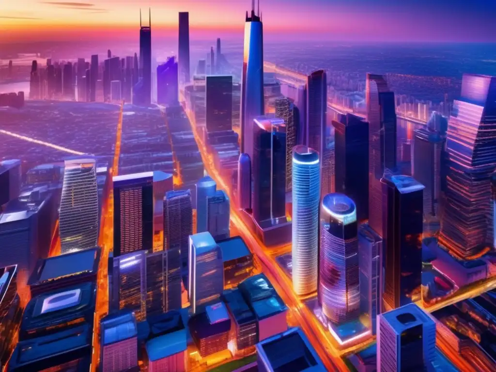 Ciudad moderna al atardecer Oportunidades en crisis: Ciudad futurista con rascacielos, gente y vehículos