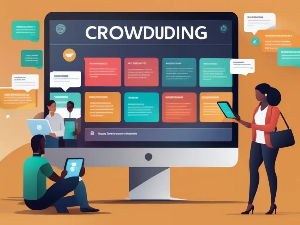 Grupo diverso evaluando proyectos de crowdfunding en plataforma digital Oportunidades inversión crowdfunding: diverso grupo evalúa y selecciona proyectos, interface moderna, participación activa
