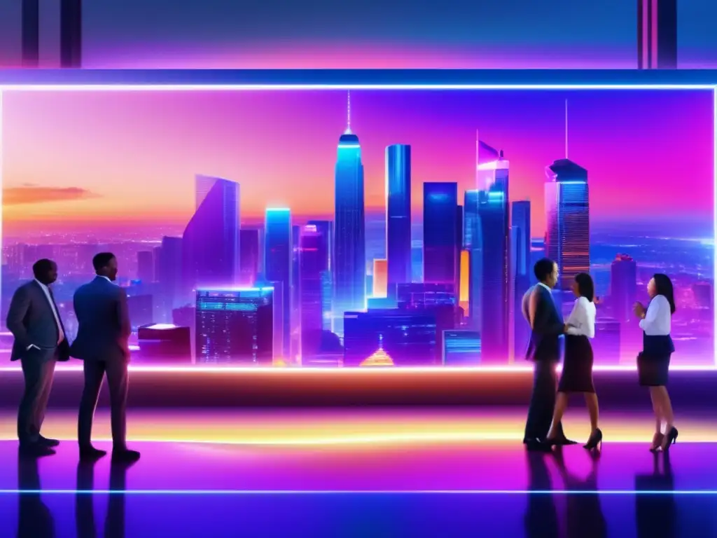 Ciudad futurista con rascacielos y personas discutiendo Oportunidades en crowdfunding para empresas prometedoras