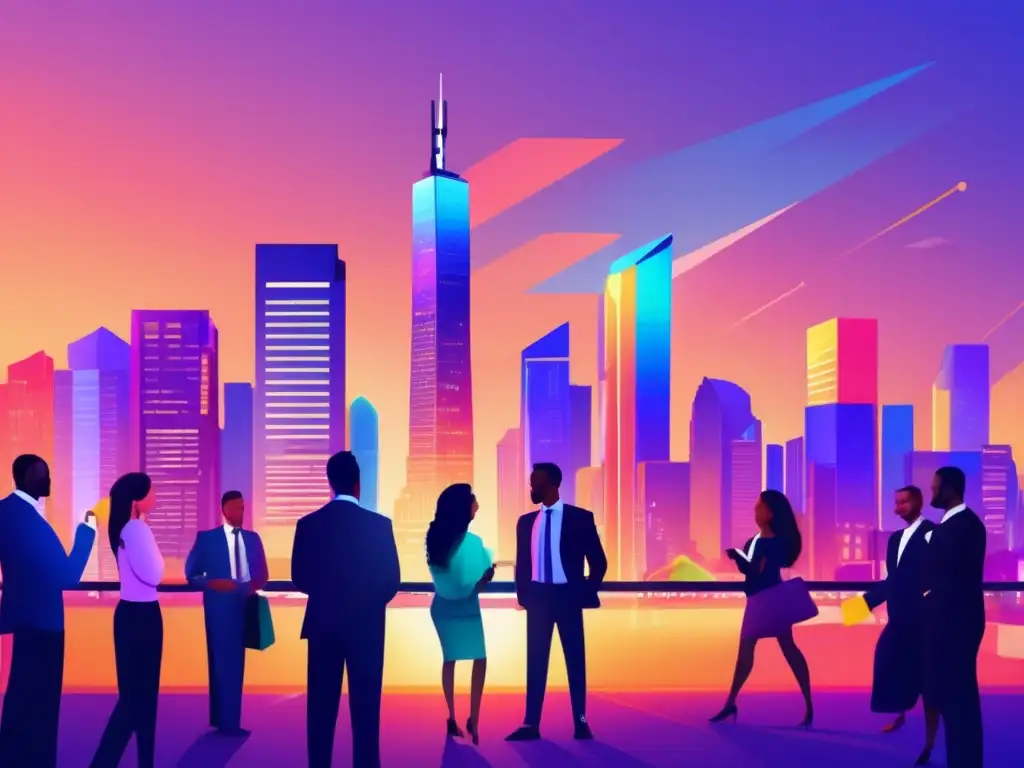 Ciudad moderna al atardecer con inversores en crowdlending Oportunidades crowdlending: moderna ciudad al atardecer, rascacielos, personas discutiendo en torno a mesa futurista