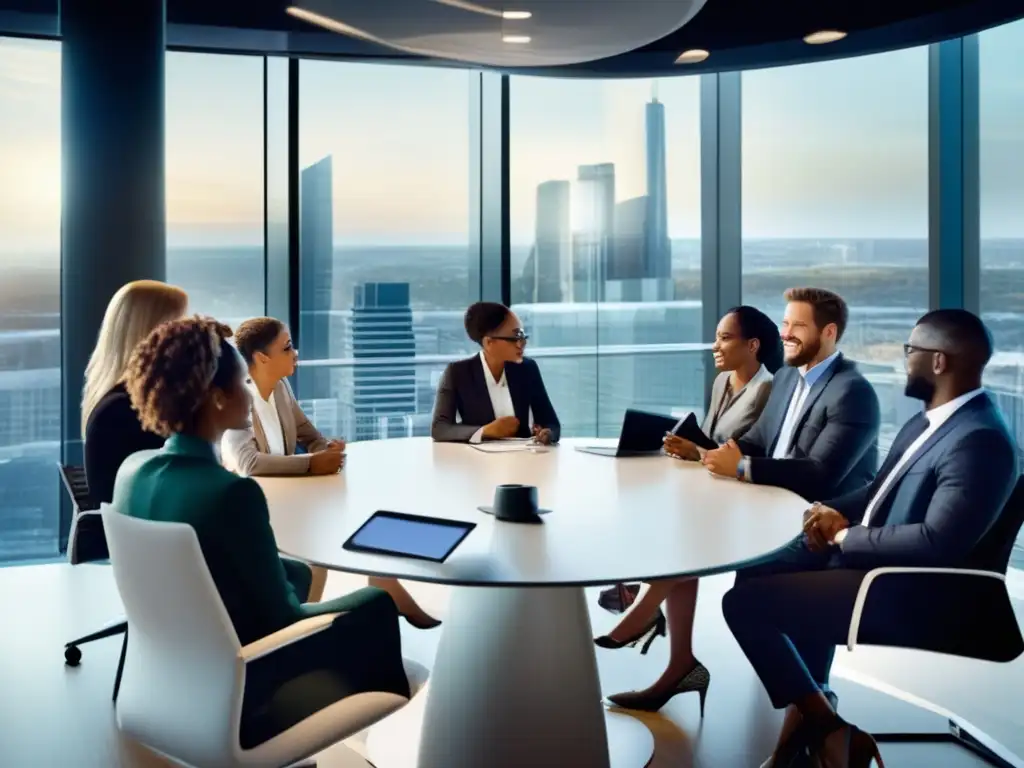 Reunión productiva en oficina moderna Oportunidades crowdlending: personas profesionales discutiendo en oficina moderna con vista a la ciudad