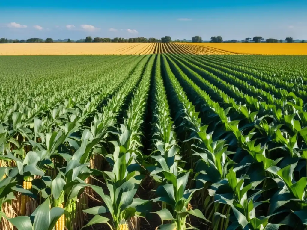 Maizal dorado bajo cielo azul Oportunidades de inversión en maíz: campo de maíz dorado, abundante y prometedor