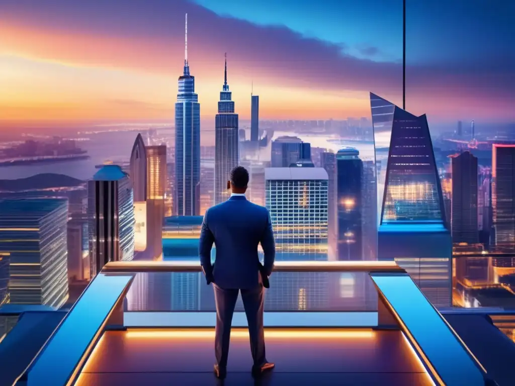 Vibrante ciudad nocturna con empresario en balcón Oportunidades inversión crowdfunding empresas prometedoras