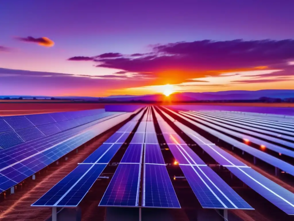 Vista panorámica de granja solar al atardecer Oportunidades de inversión en energía solar: atardecer en una granja solar con paneles dorados que reflejan el paisaje