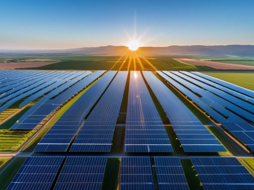 Energía solar: belleza y oportunidad Oportunidades de inversión en energía solar: imagen deslumbrante de una granja solar 8K, perfectamente alineada, bajo un cielo azul claro