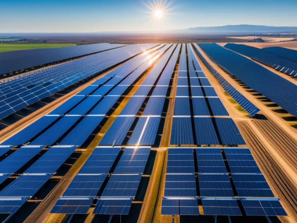 Granja solar gigante, eficiencia y belleza Oportunidades de inversión en energía solar: una impresionante imagen en 8k de una granja solar que se extiende hacia el horizonte en un día despejado
