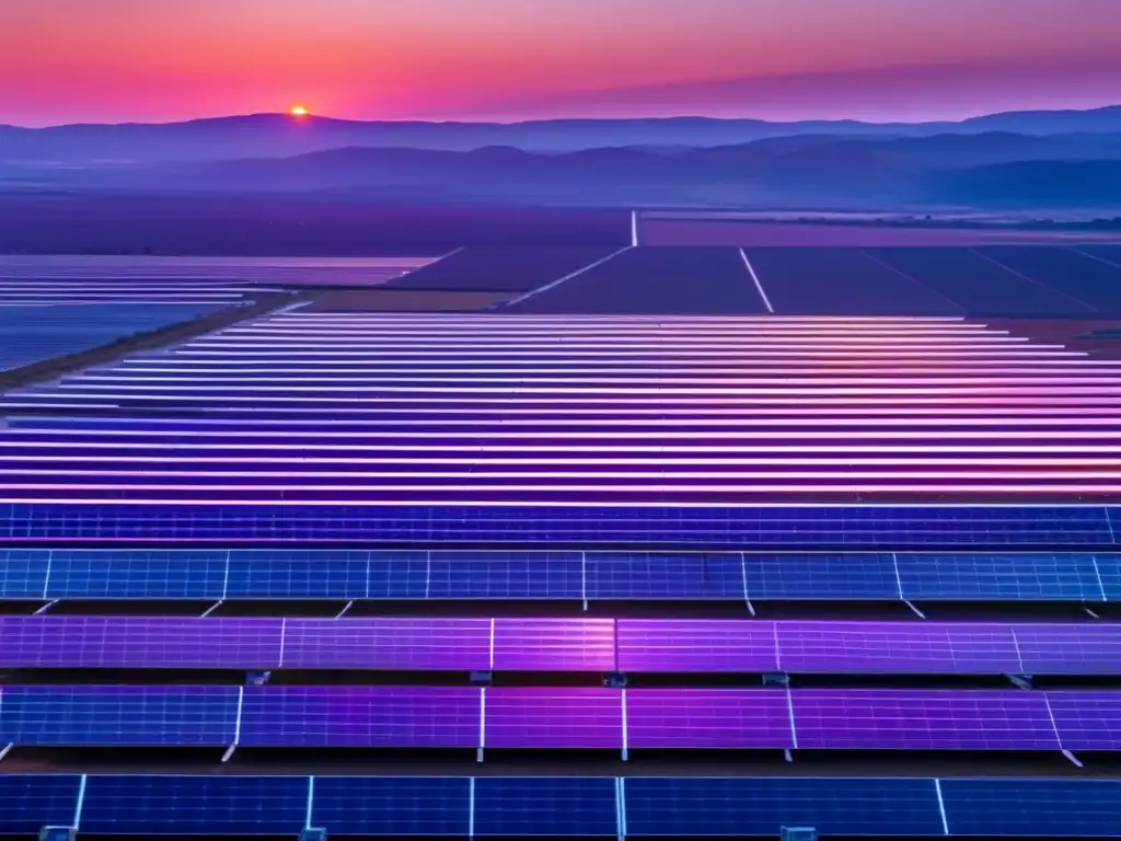 Solar park at sunset Oportunidades de inversión en energía solar en un parque solar al atardecer, con paneles brillantes, cielo vibrante y paisaje impresionante